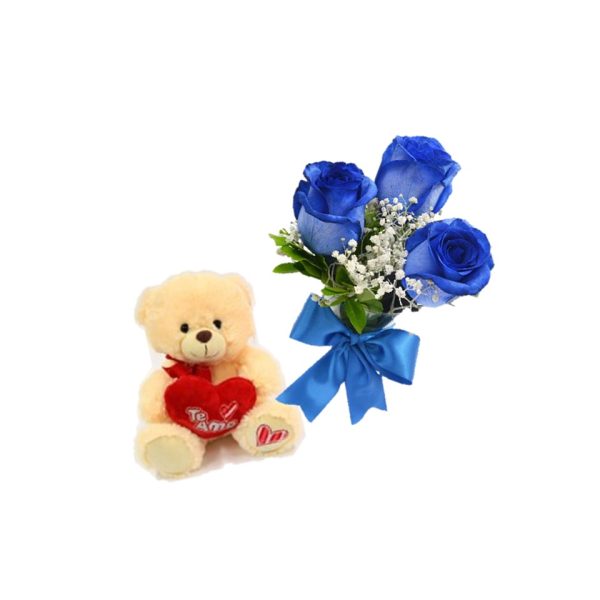 Ramo 3 rosas azules y peluche