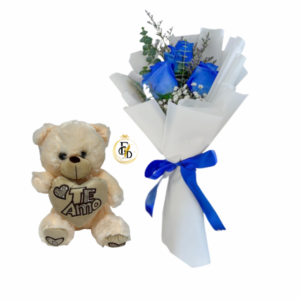 Ramo 3 rosas azules y peluche