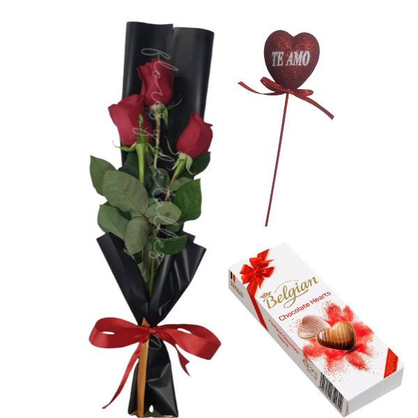 Ramo en 3 rosas mas topper y bombones. – Flores y Detalles Chile