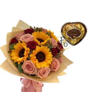 Girasoles con Rosas y Chocolates