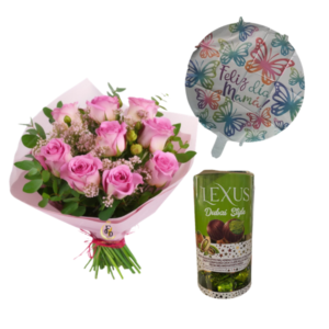 Rosas Fucsias + Globo + Bombones de Dubai