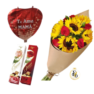 Ramo con Rosas y Girasoles + Globo + Bombones