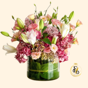 Florero con Lisianthus y Hortensias