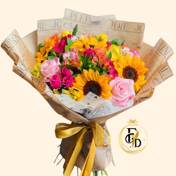 Ramo con Mini Rosas y Girasoles Primaverales