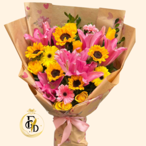 Ramo Extendido de Girasoles y Lirios Rosados