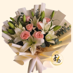 Ramo con Rosas Rosadas y Liliums Blancos