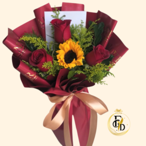 Ramo con 3 Rosas y 1 Girasol