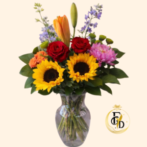 Florero con Rosas, Lirios y Girasoles