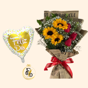 Ramo con Rosas y Girasoles + Globo Feliz Dia