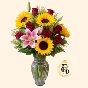 Florero con Girasoles , Rosas y Lirios