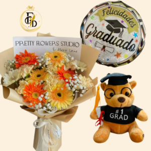 Ramo con Gerberas+ Peluche de Graduación+ Globo Grande
